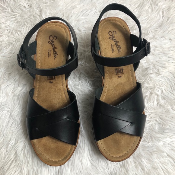 Seychelles Leather Wedges Criss Cross Black Tan 8 - Picture 6 of 11